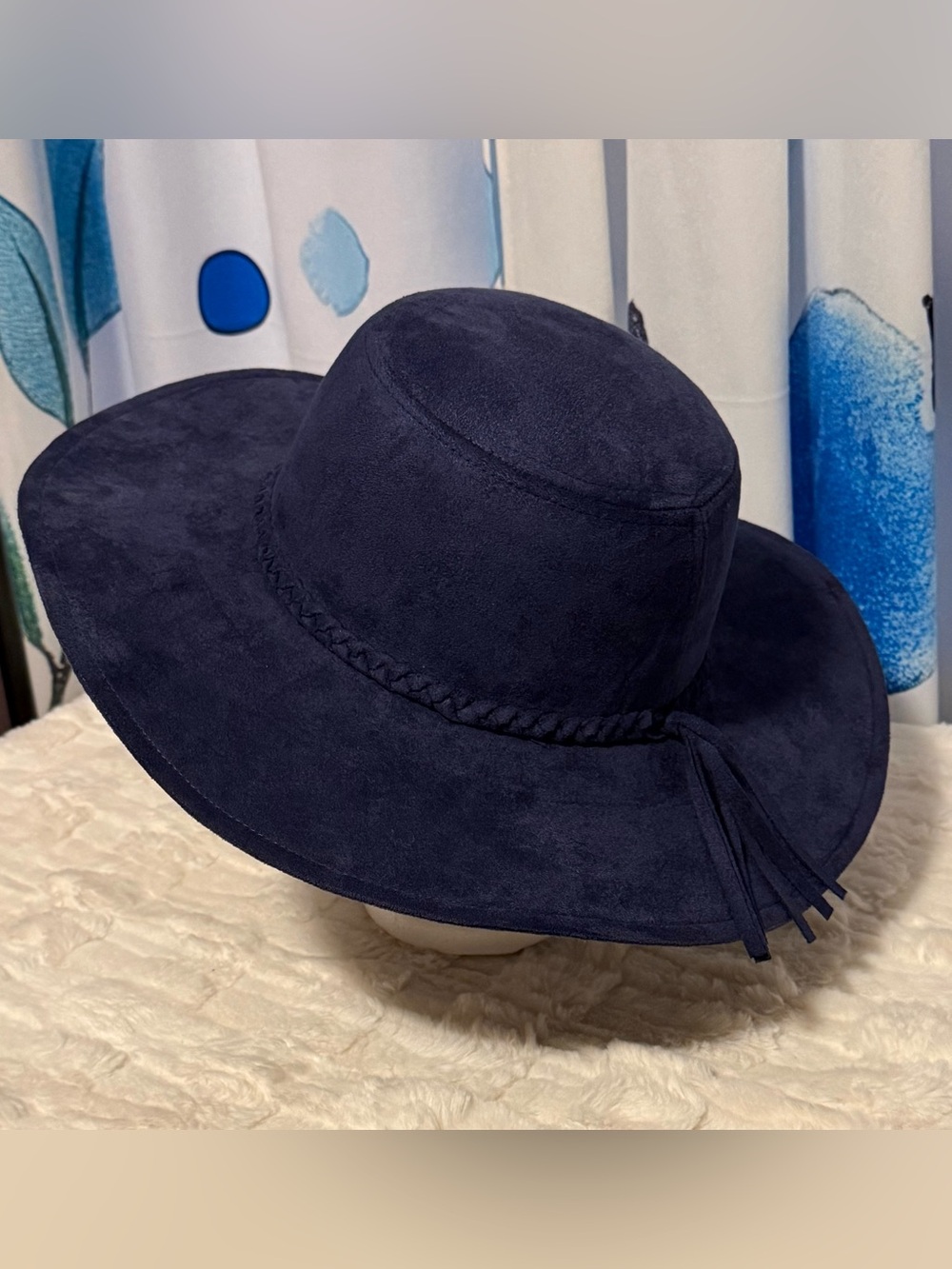Rampage Navy Faux Suede Wide Brim Boho Sun Hat One Size